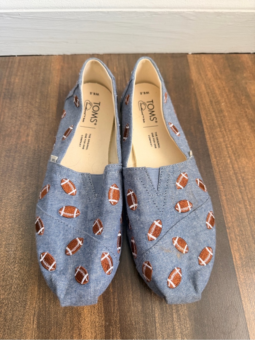 TOMS Denim-Look Slip-Ons with Football Embroidery